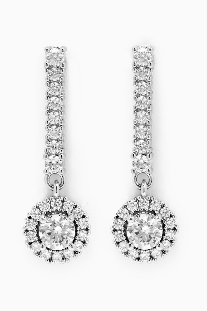 Round CZ Halo Drop Earrings, Silver