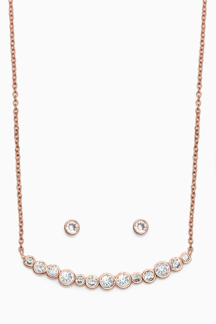 

Round CZ Bar Necklace & Stud Earrings Set, Rose gold