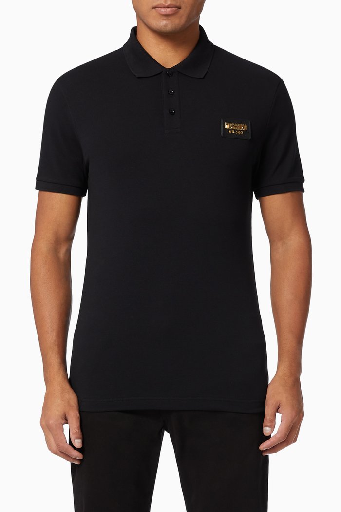 

Label Patch Polo Shirt in Cotton Piqué, Black