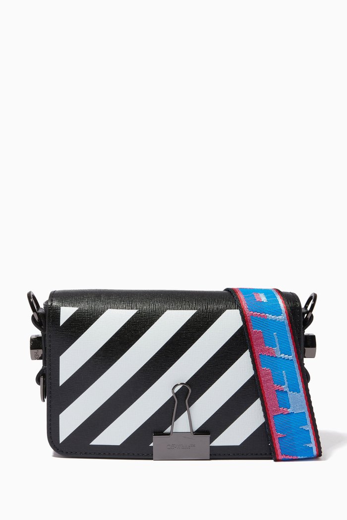 Diagonal Stripe Mini Flap Bag in Leather, Black