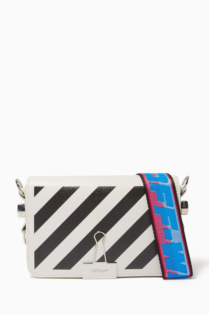 Diagonal Stripe Mini Flap Bag in Leather, White