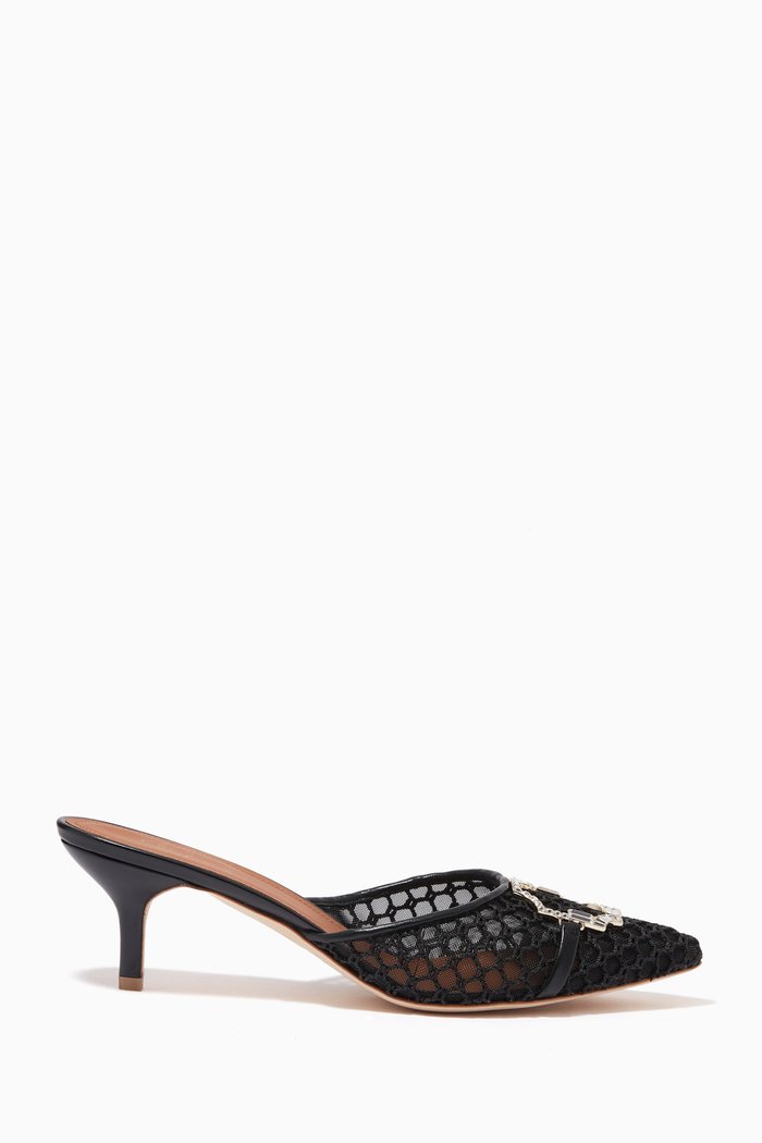 

Missy 45 Brooch Mules in Mesh & Leather, Black