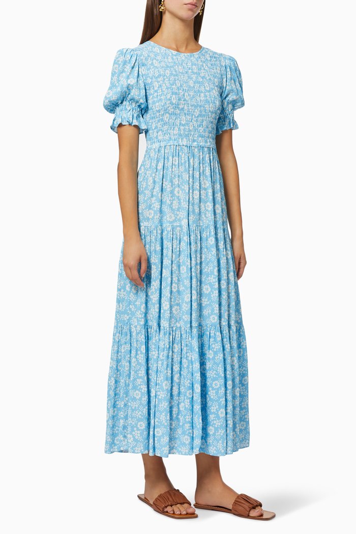 

Persephone Shirred Floral Dress in Viscose, Blue
