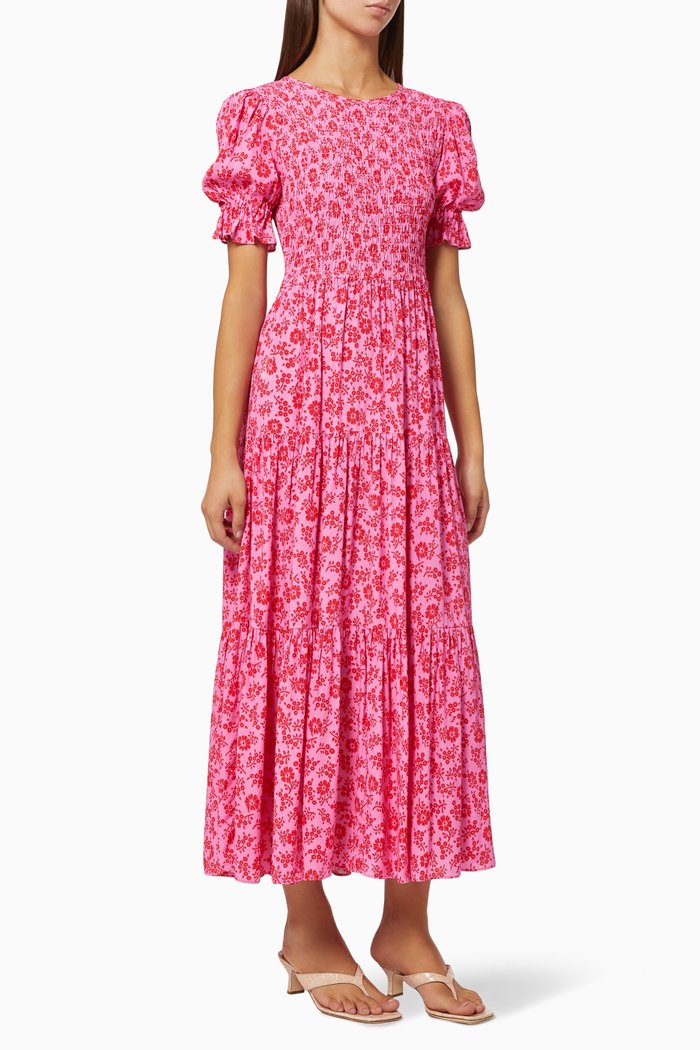 

Persephone Shirred Floral Dress in Viscose, Pink