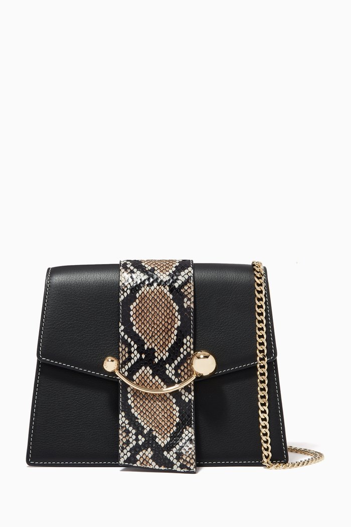 

Box Crescent Bag in Calf & Snake-embossed Leather, Black