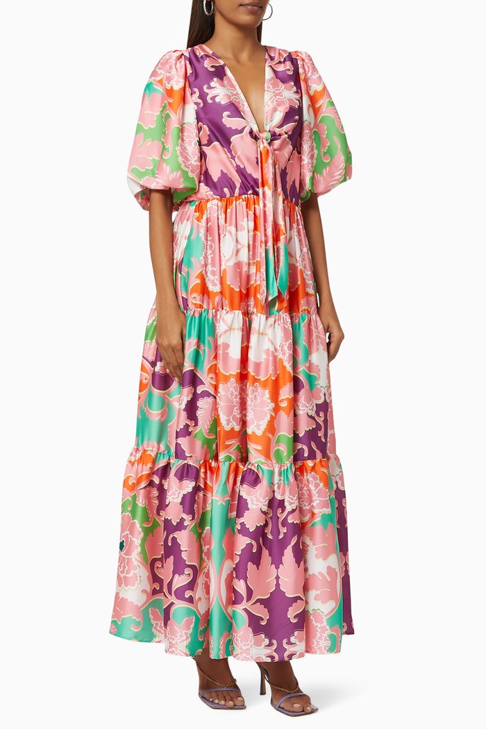 

Talia Tiered Dress in Crepe, Multicolour