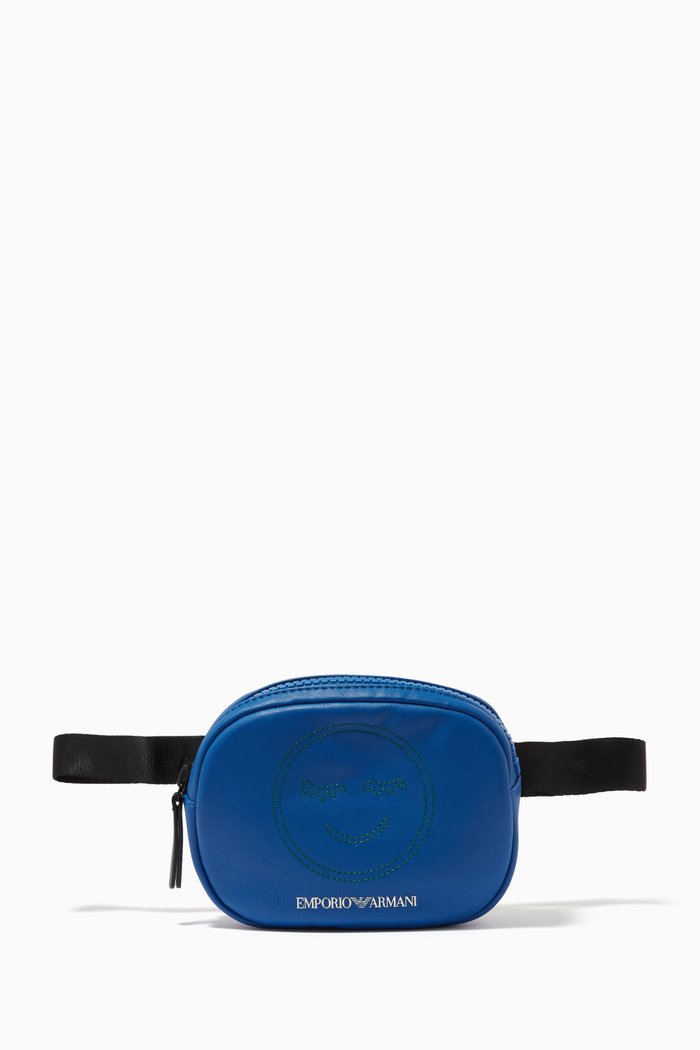 

EA Smiley Face Belt Bag in Faux Leather, Blue