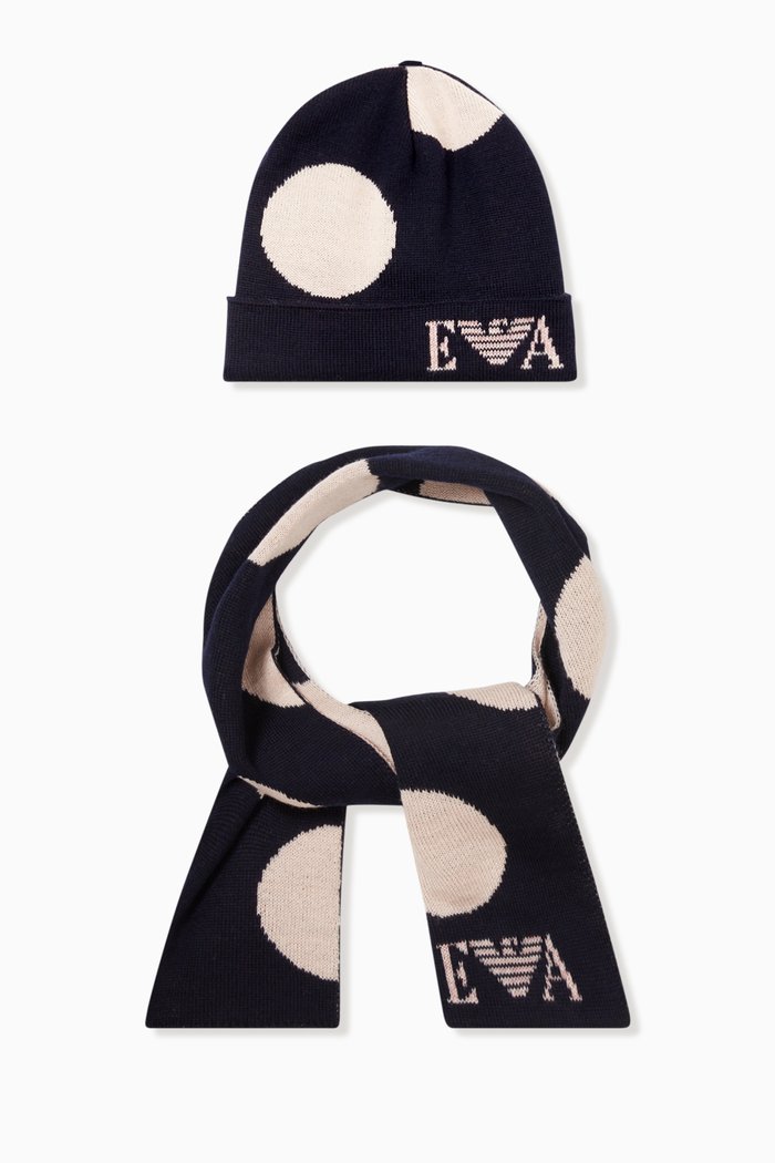 Polka Dot Beanie & Scarf Set in Wool, Blue