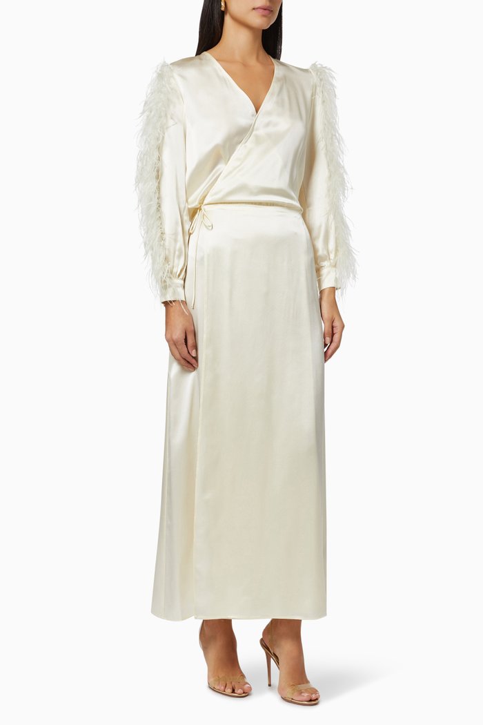 

Drew Wrap Dress in Satin, Neutral