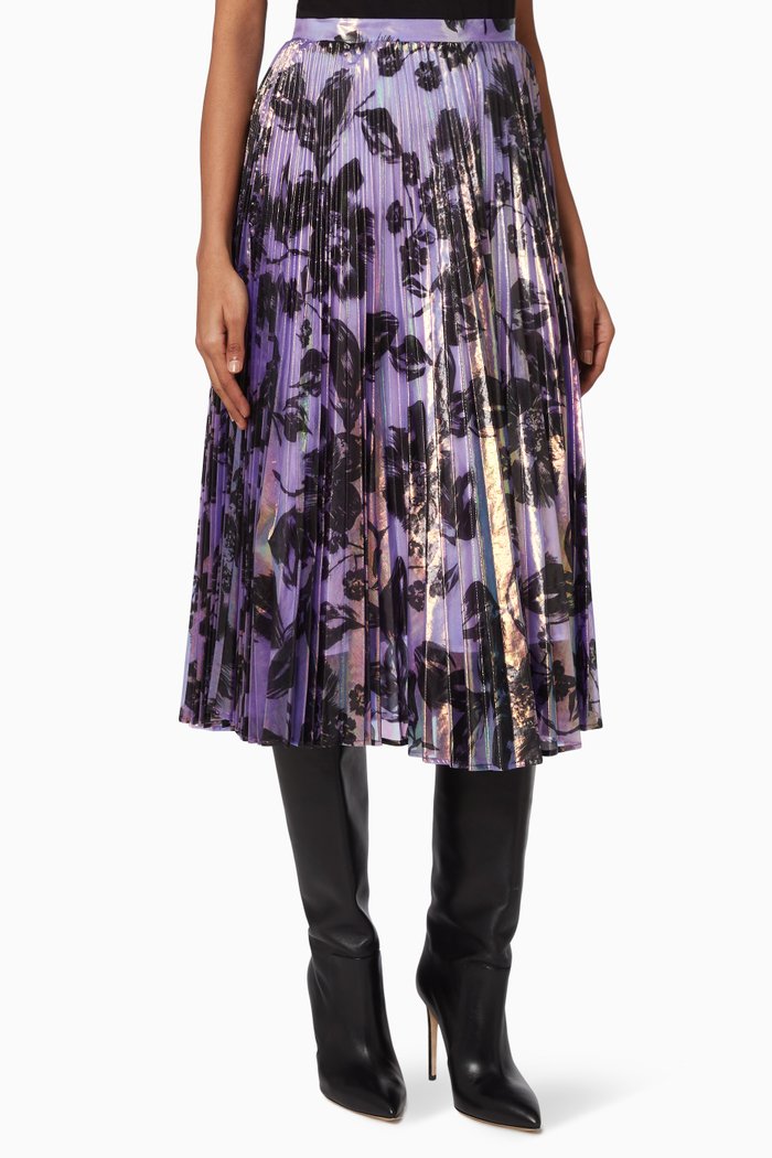 

Clara Metallic Floral Pleated Skirt, Purple