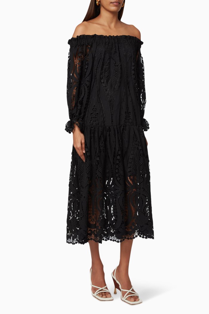 

Ruby Off Shoulder Dress in Lace, Black