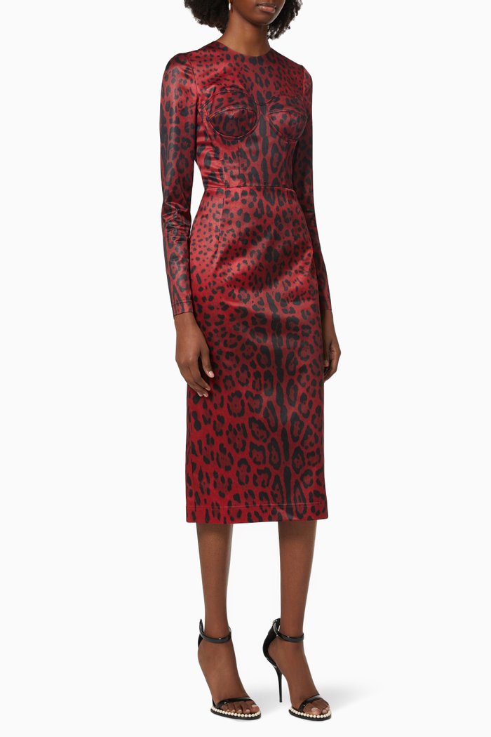 

Calf-length Bustier Dress in Leopard-print Stretch Satin, Red