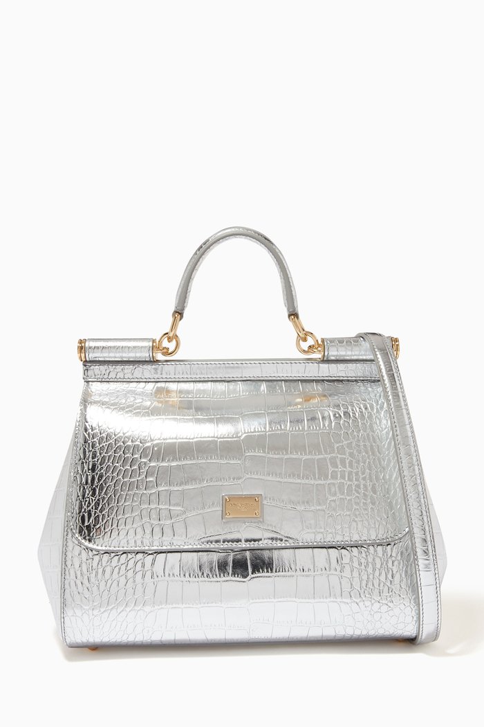 

Medium Sicily Bag in Foiled Crocodile-Embossed Leather, Silver