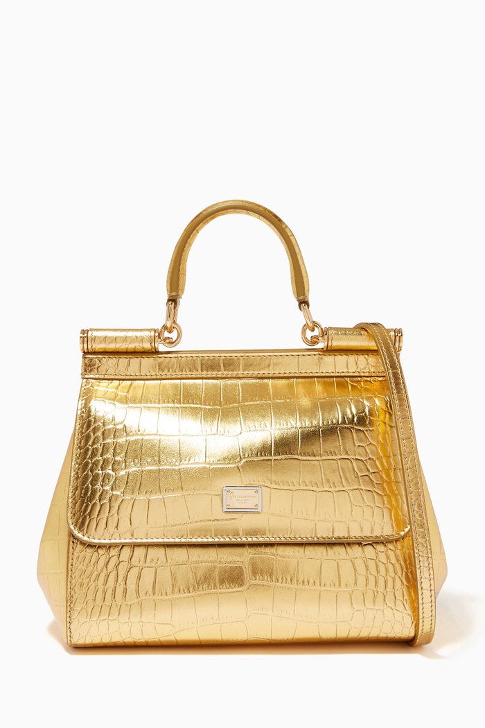 

Medium Sicily Bag in Foiled Crocodile-print Leather, Gold
