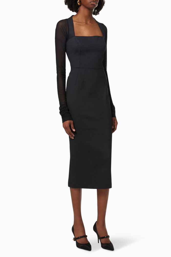 

Calf-length Dress with Tulle Sleeves in Wool Cady Crêpe, Black