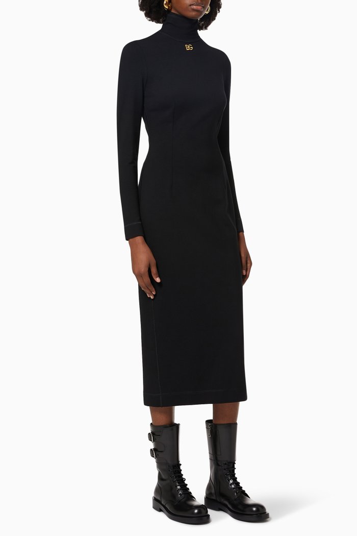 

Crossover DG Calf-length Turtleneck Dress in Jersey, Black