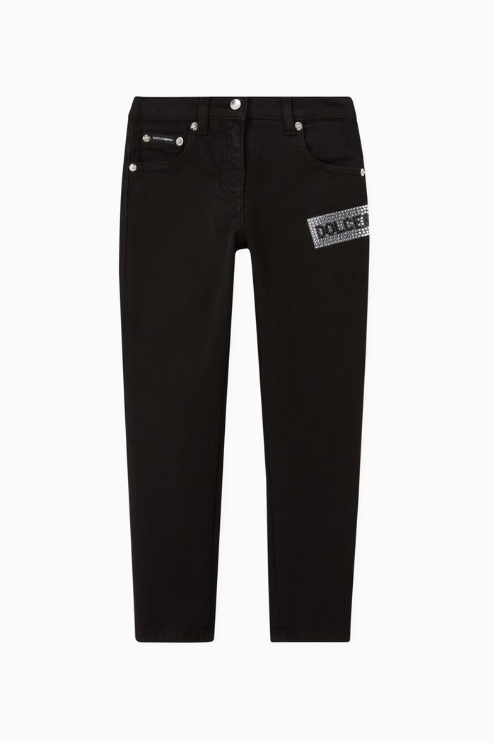 

90s Slim-fit Jeans with Fusible Rhinestone Appliqués in Stretch Denim, Black