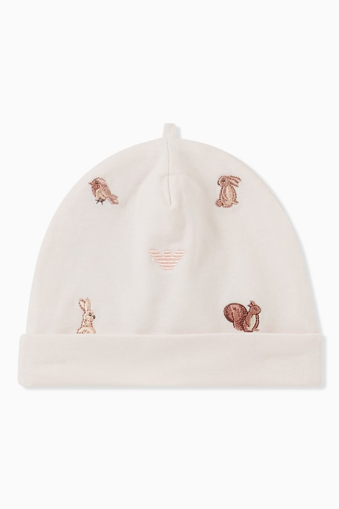 

Woodland Animals Embroidered Beanie in Jersey, Pink