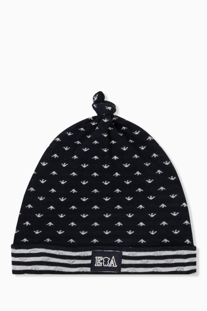 

EA Eagle Knotted Beanie Hat in Cotton, Blue