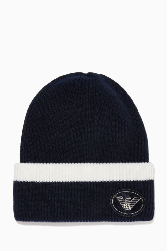 

Eagle Logo Patch Beanie Hat in Wool Knit, Blue