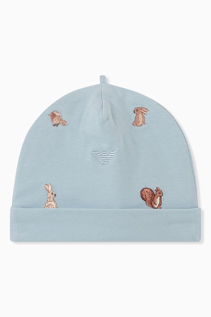 

Woodland Animals Embroidered Beanie in Jersey, Blue