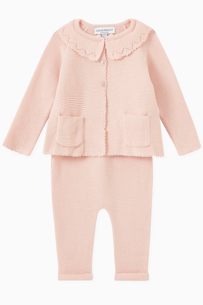 

Crochet Cardigan & Trousers Set in Wool-blend Knit, Pink