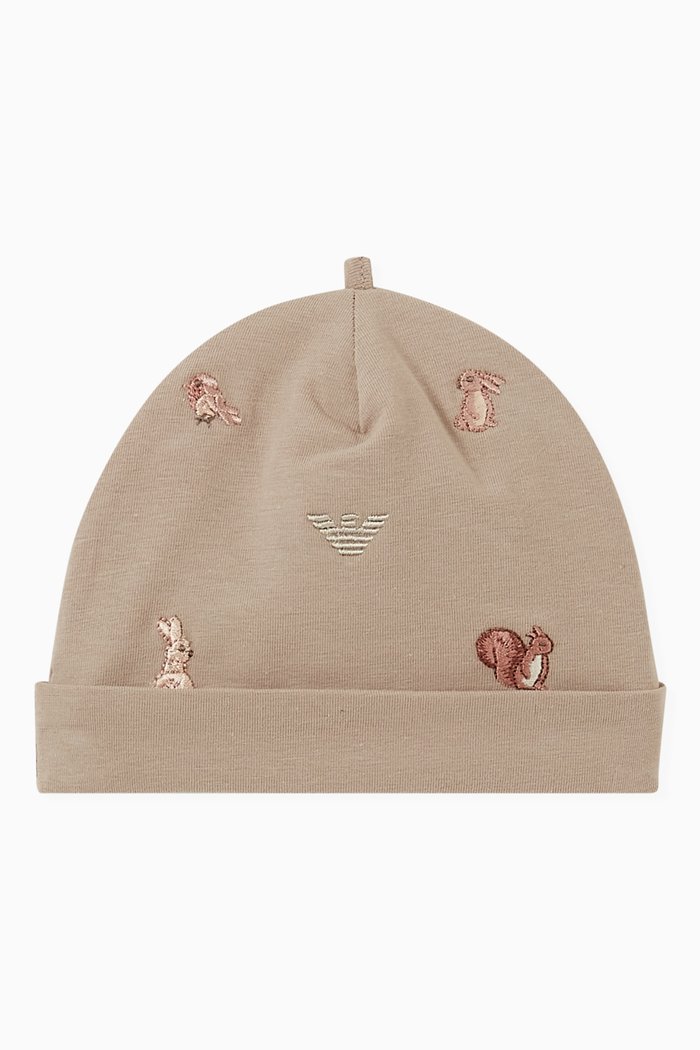 

Woodland Animals Embroidered Beanie in Jersey, Neutral