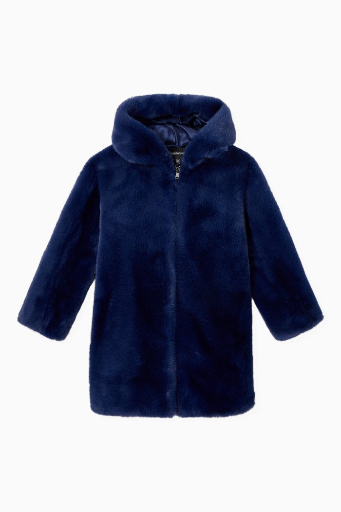 

Hooded Longline Coat in Faux Fur, Blue