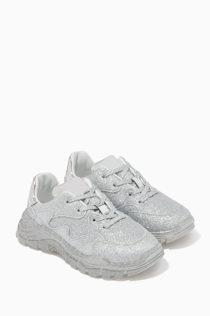 

Glitter Lace-up Sneakers in Leather, Silver