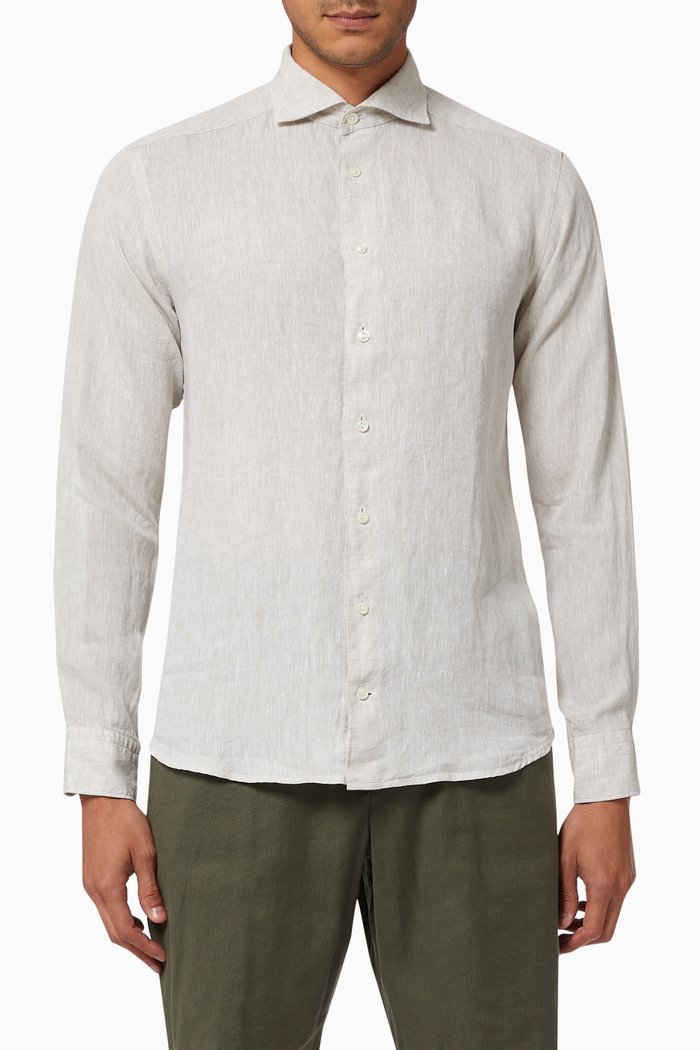 

Slim Fit Shirt in Textured Linen, Neutral