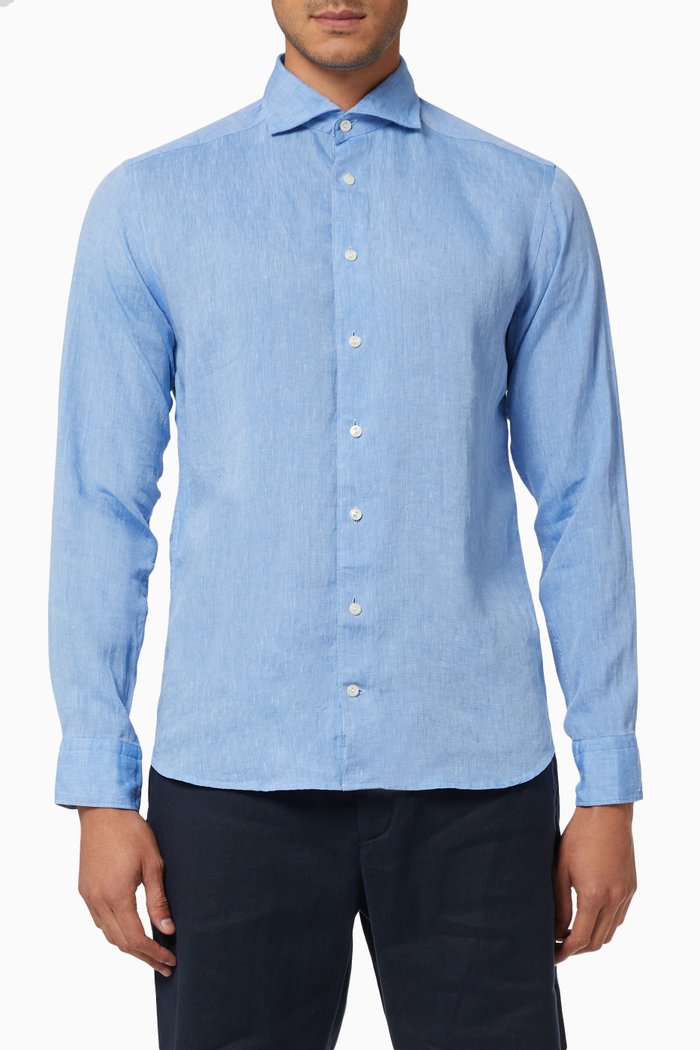 

Slim Fit Shirt in Textured Linen, Blue
