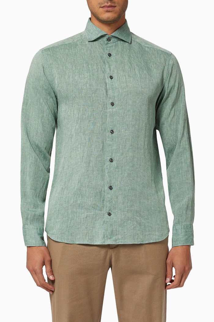 

Slim Fit Shirt in Textured Linen, Green