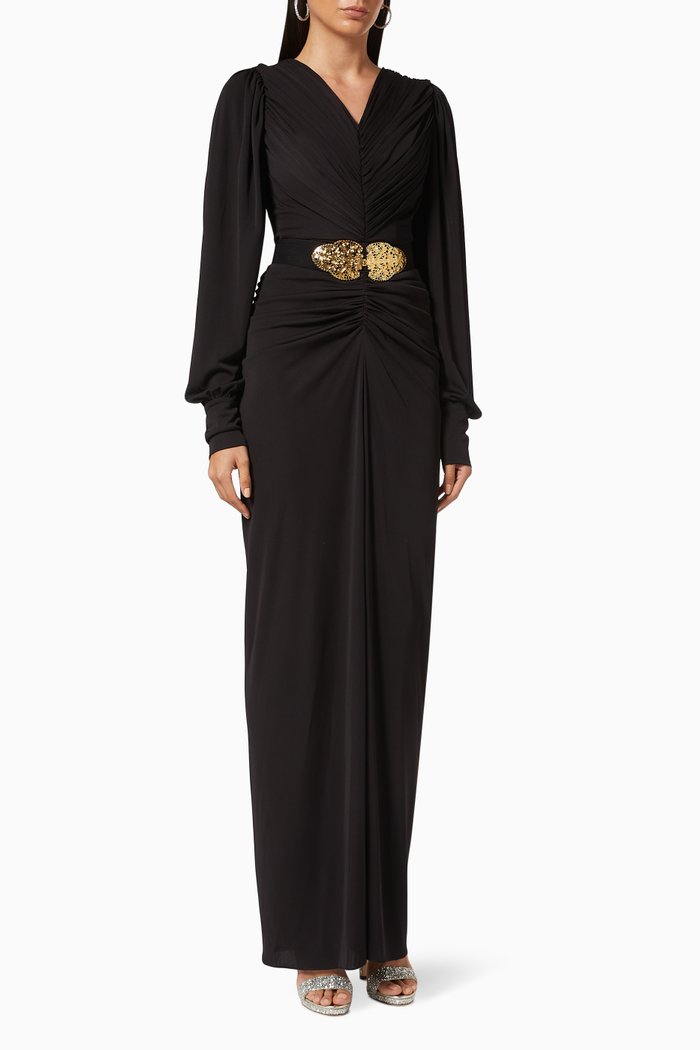 Long Sleeve Ruched Gown with Belt, Black