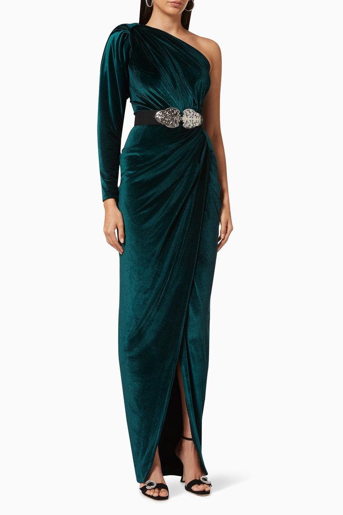

One-shoulder Belted Gown in Velvet, Green