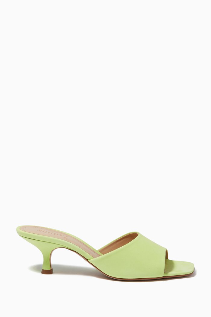 Mule Kitten Heel Sandals in Suede Leather, Green
