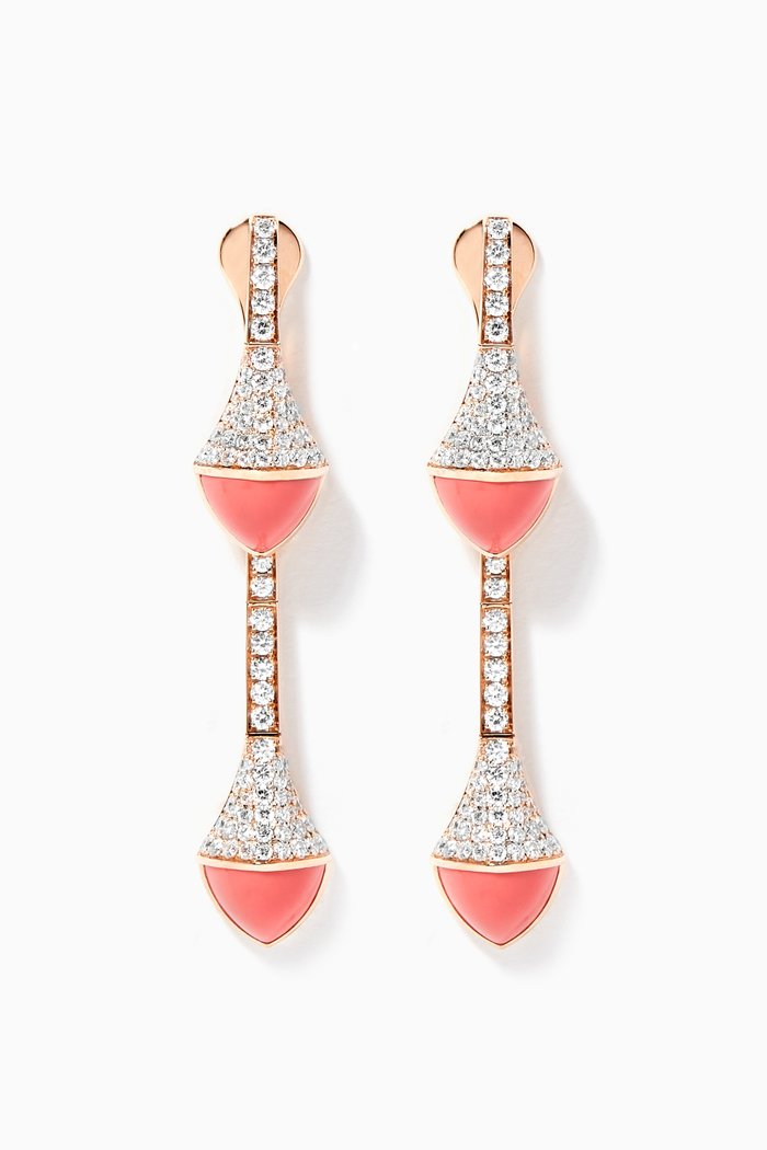 

Cleo Diamond Drop Earrings with Pink Coral in 18kt Rose Gold