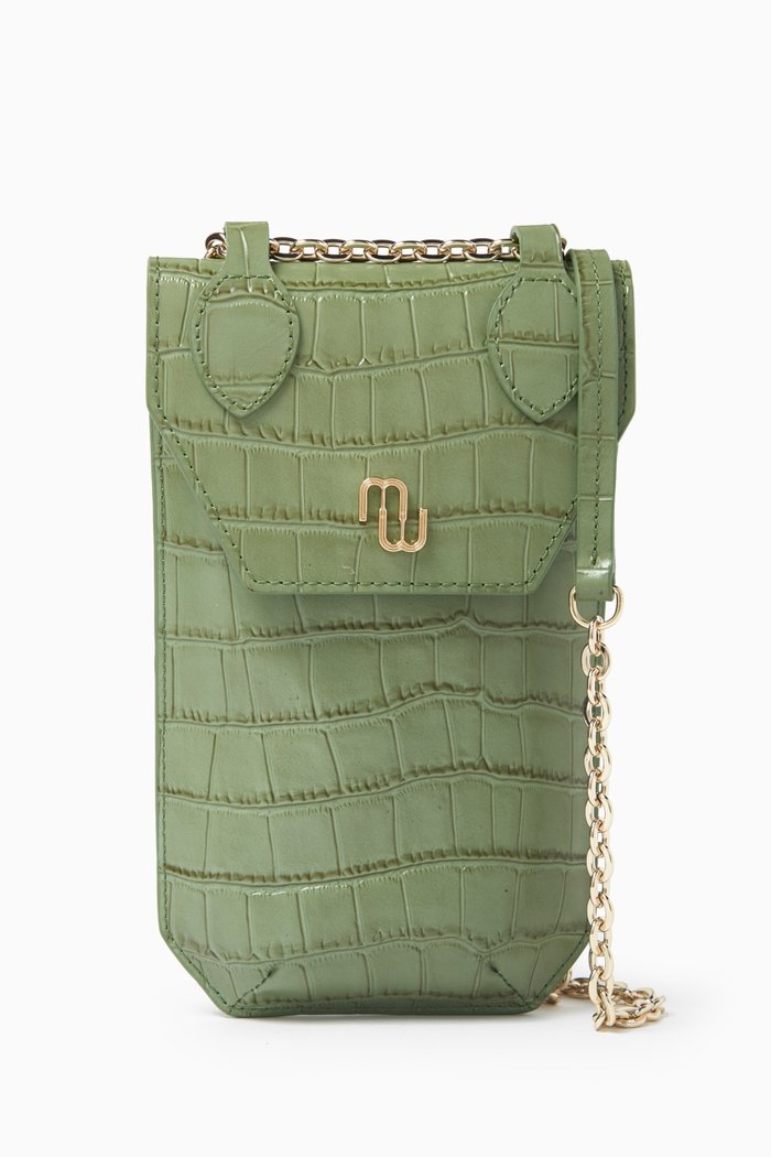 

Phone Case in Croc-effect Embossed Leather, Green