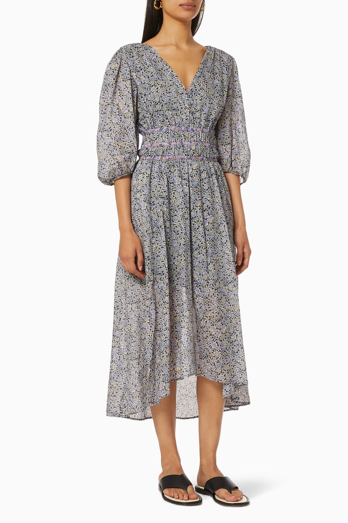 

Floral Print Smocking Midi Dress in Cotton Voile, Blue