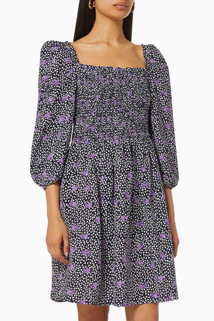 

Printed Smocked Dress in Linen, Multicolour