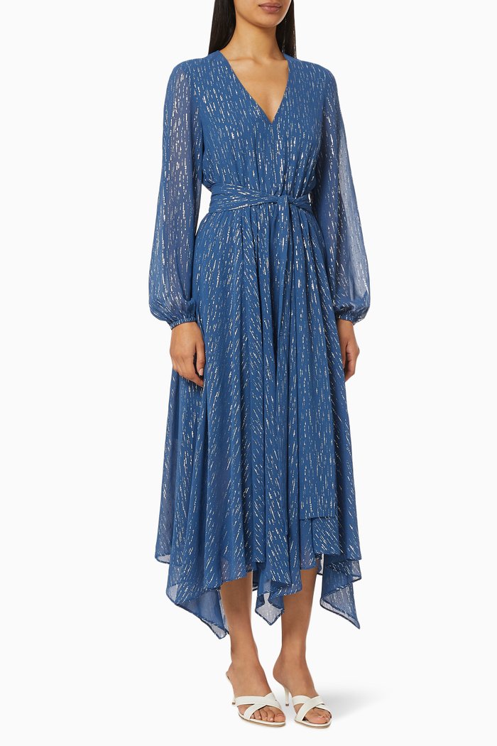 

Deep Neck Dress with Belt, Green