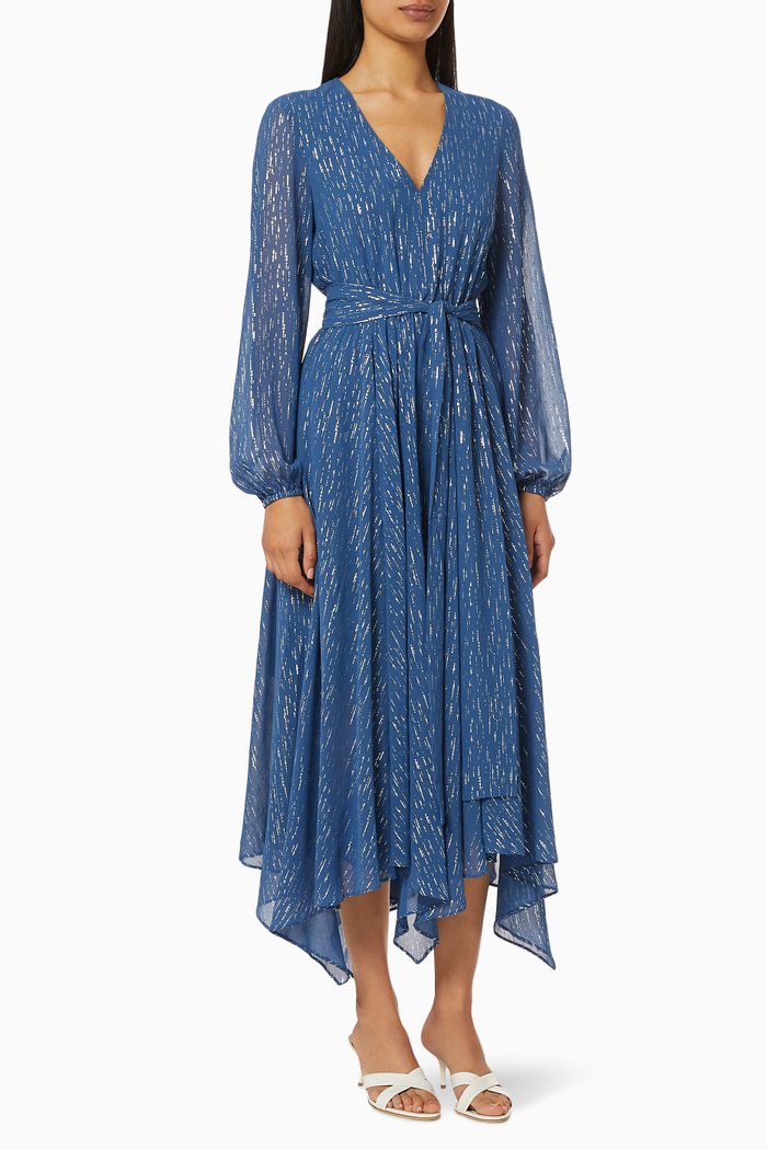 

Deep Neck Dress with Belt, Blue