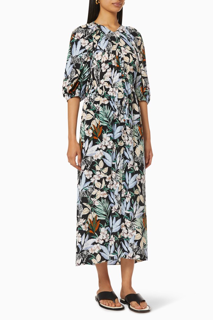 

Printed Smocked Dress in Viscose, Black