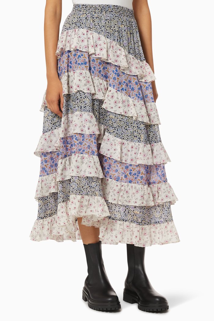 

Printed Skirt with Ruffles in Cotton Voile, Blue