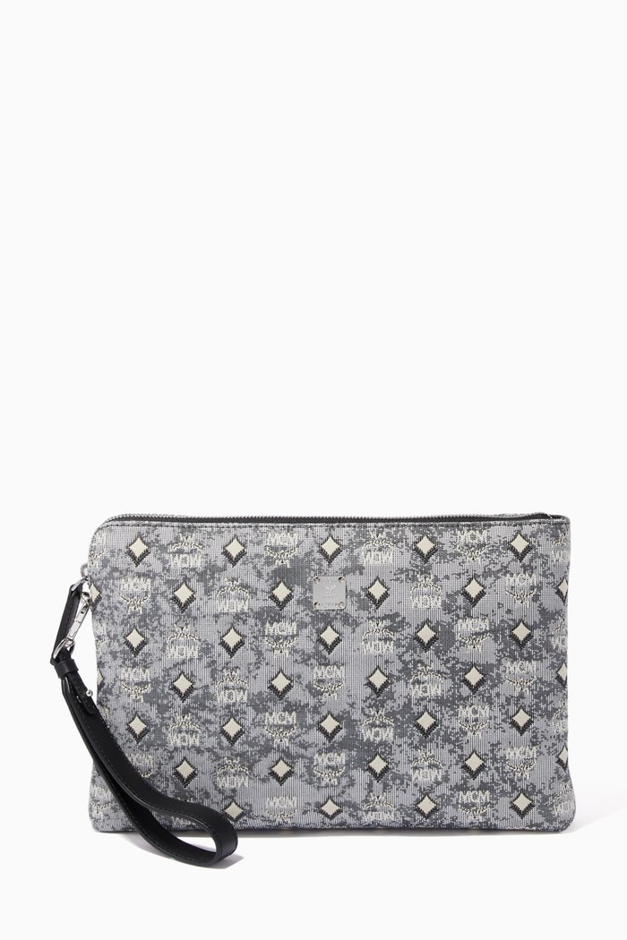 

Medium Standing Wristlet Pouch in Vintage Jacquard Monogram, Grey