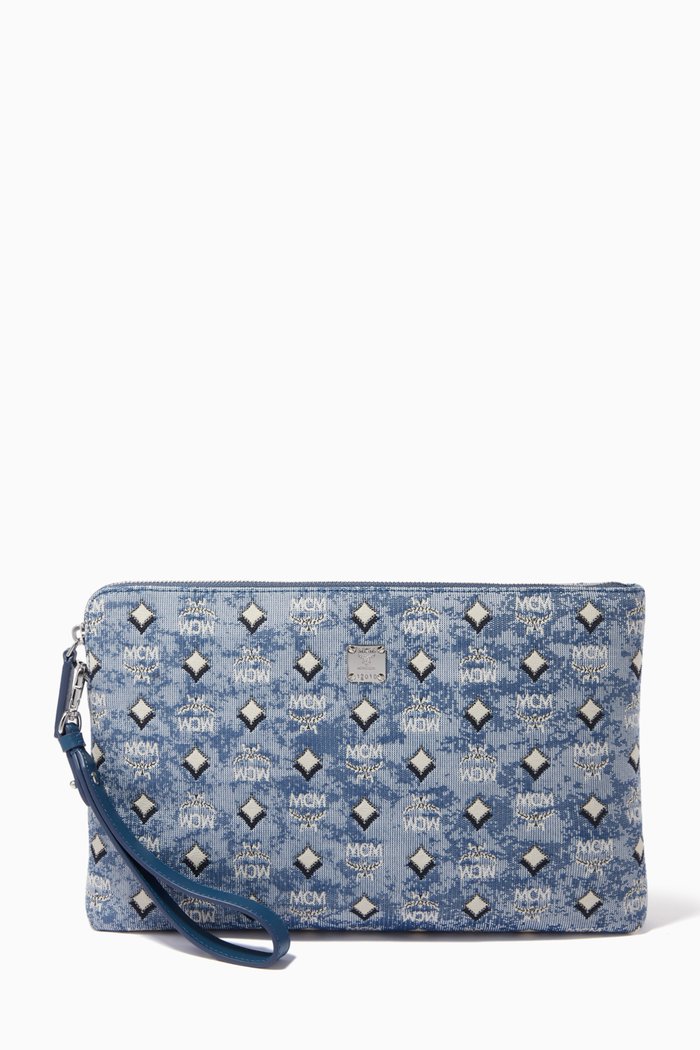 

Medium Standing Wristlet Pouch in Vintage Jacquard Monogram, Blue