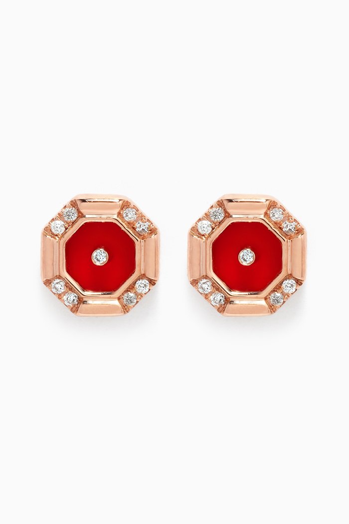 

Mini Hexagon Red Agate & Diamond Studs in 18kt Rose Gold