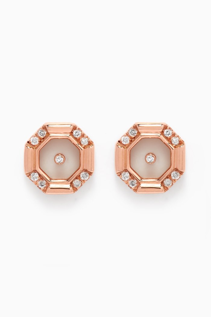 

Mini Hexagon Mother of Pearl & Diamond Studs in 18kt Rose Gold, White