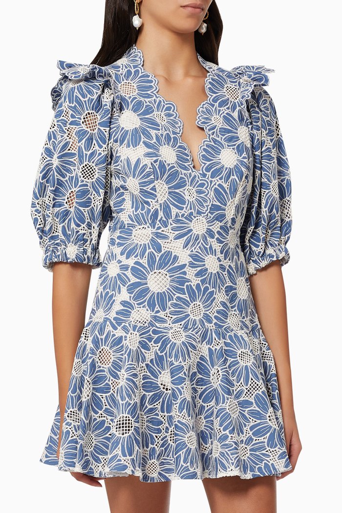 

Floral Crochet Mini Dress in Cotton, Blue