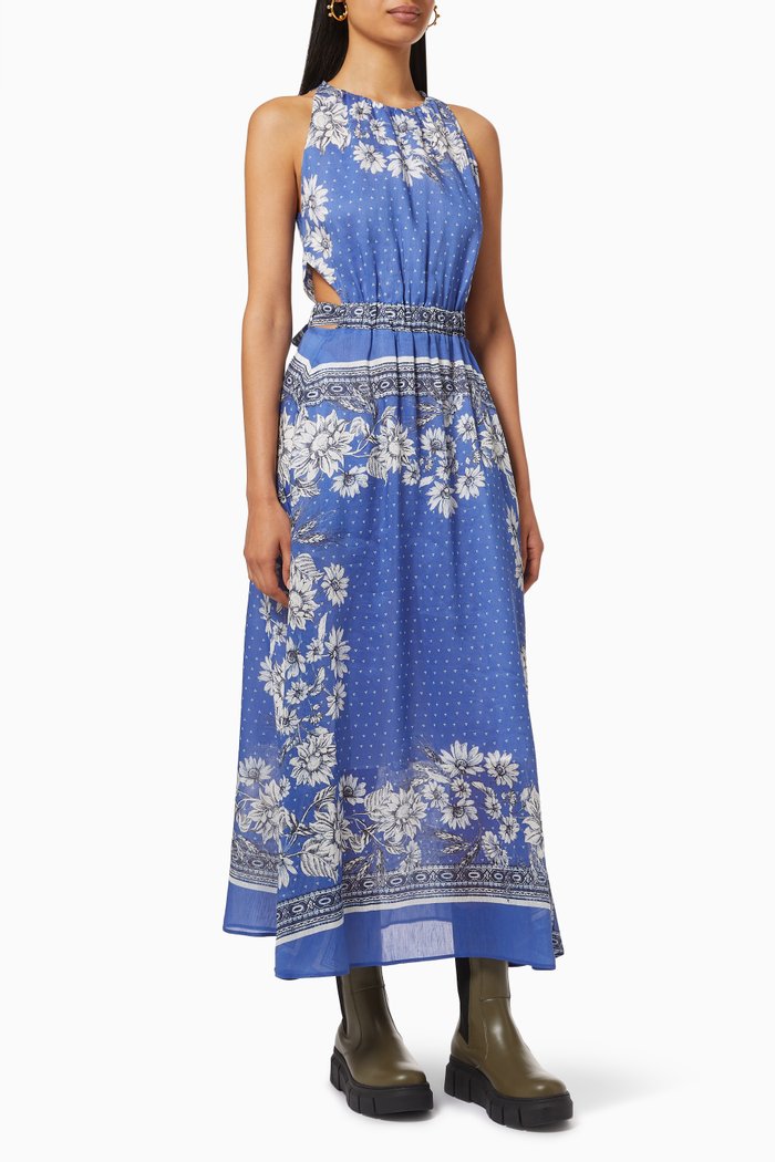 Floral Dress in Linen & Silk, Blue