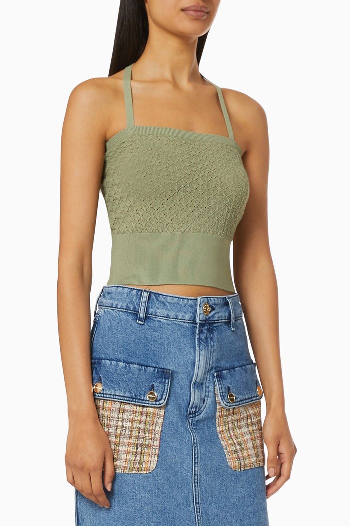 

Halter Neck Top in Pointelle Knit, Green